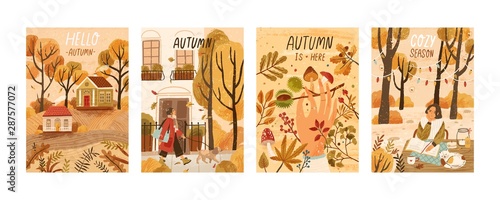 Autumn mood hand drawn poster templates set. Fall season nature flat vector illustrations. People enjoying cozy pastime, reading book, gathering mushrooms, chestnuts. Welcoming autumn postcards pack.