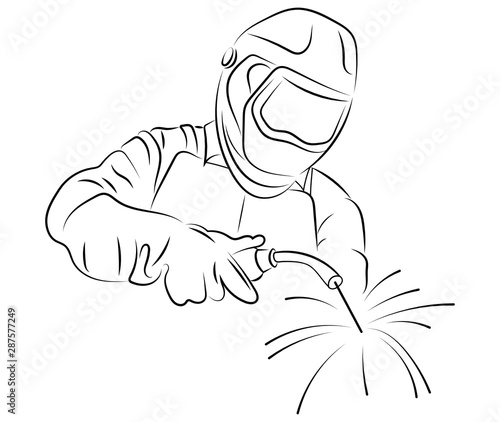 Welder welds metal. Black and white illustration of a welder in work clothes. Linear art. Silhouette of a welder. Vector logo.