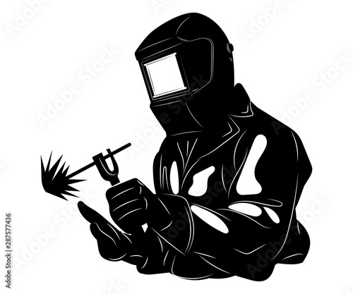 Welder welds metal. Black and white illustration of a welder in work clothes. Linear art. Silhouette of a welder. Vector logo.