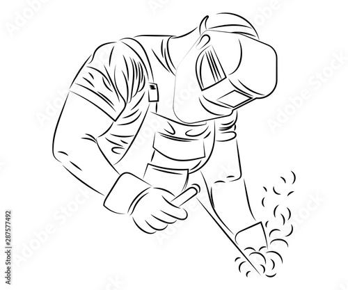 Welder welds metal. Black and white illustration of a welder in work clothes. Linear art. Silhouette of a welder. Vector logo.