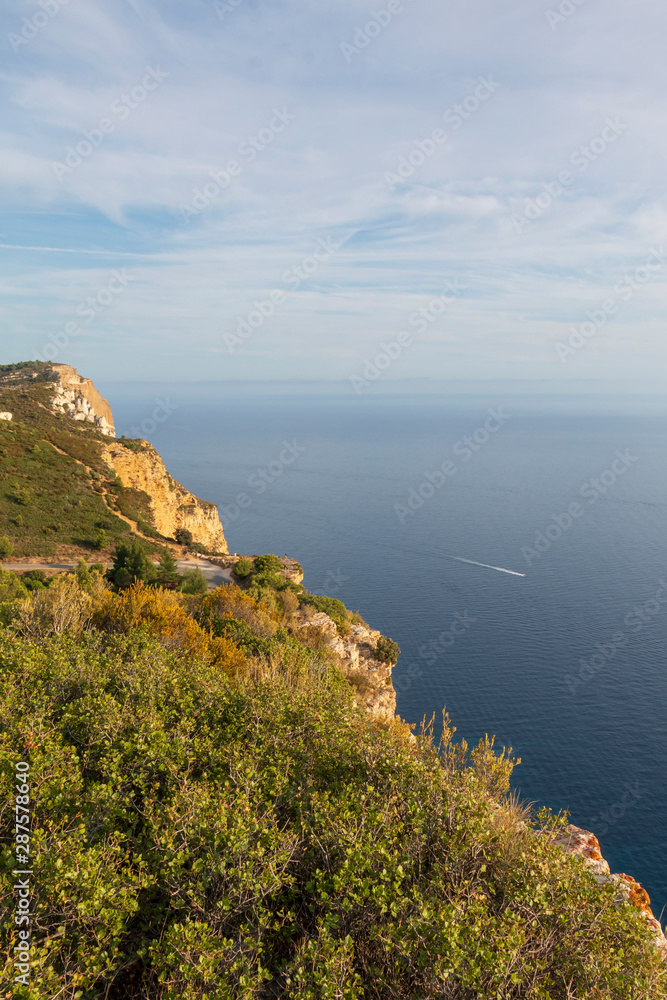 Cap Canaille cliff overlooking the Mediterranean Sea blue waters between the towns Cassis and La Ciotat