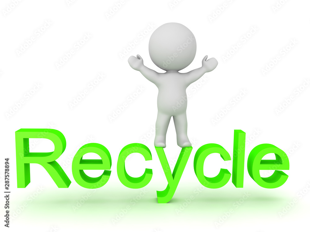 3D Character standing on top of green recycling text 3D Character standing on top of green recycling text