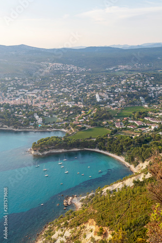 Cap Canaille cliffs overlooking Gulf of Cassis at Mediterranean Sea coast of French riviera at sunset light © nomadkate