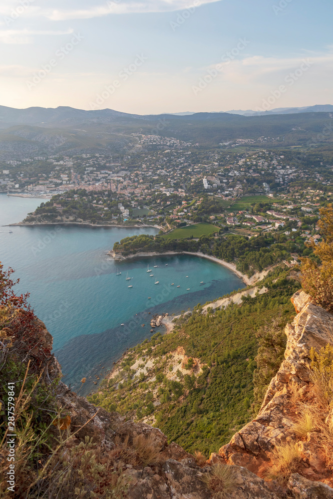 Cap Canaille cliffs overlooking Gulf of Cassis at Mediterranean Sea coast of French riviera at sunset light