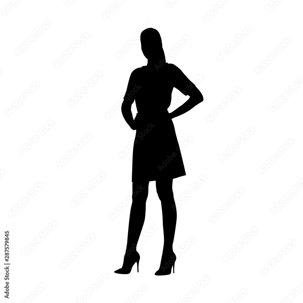 Fototapeta premium Woman in summer dress standing with hands on hips, isolated vector silhouette, front view. Young adult people