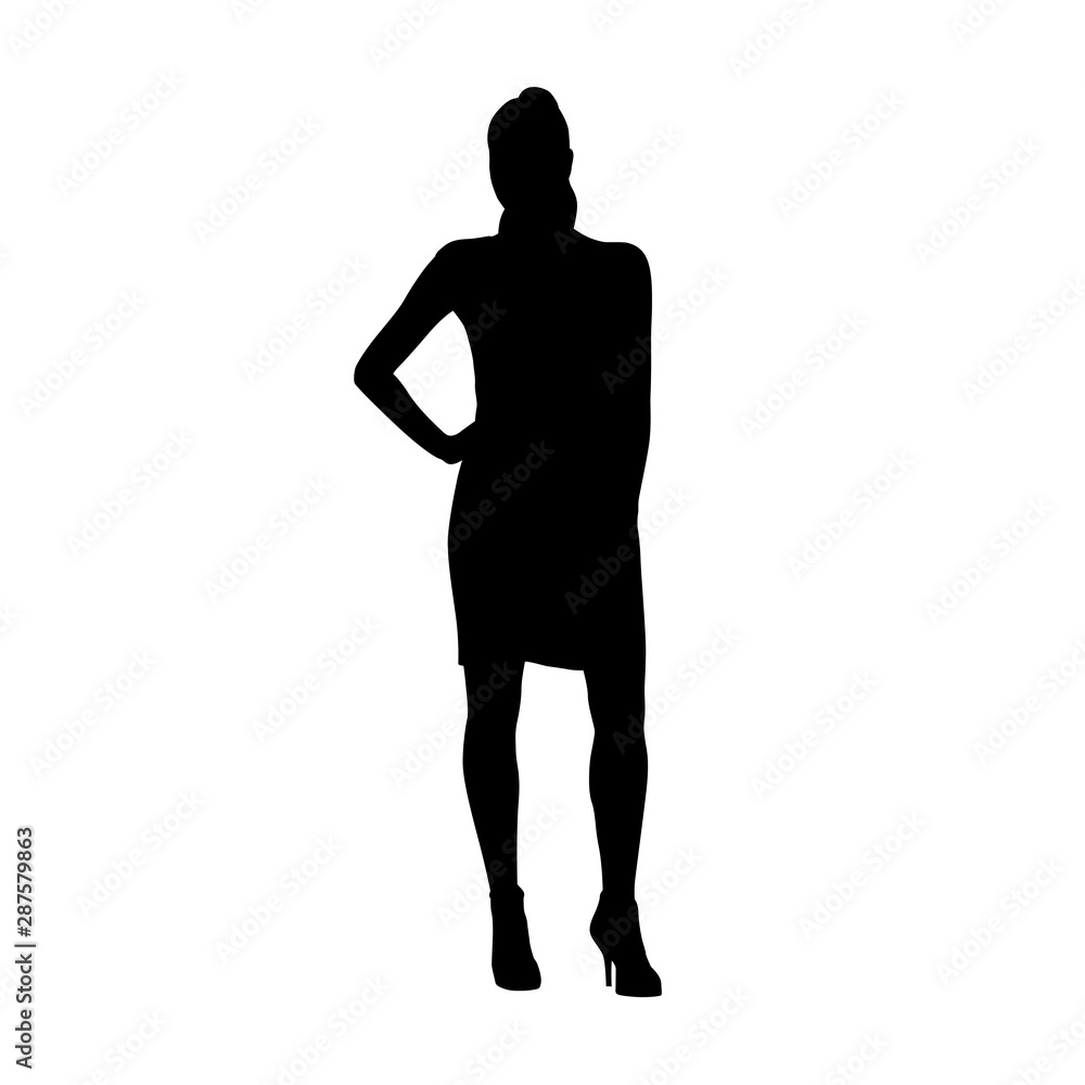 Businesswoman standing with hand on hip, isolated vector silhouette. Front view