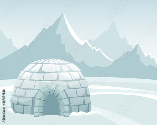 Ice igloo in the field against the mountains. Winter Northern landscape. The life of the Inuit.