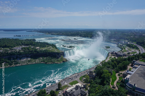 Niagara Falls  Ontario  Canada  Aerial view of tourists visiting the Niagara River  Niagara Gorge  Horseshoe Falls  and Table Rock.