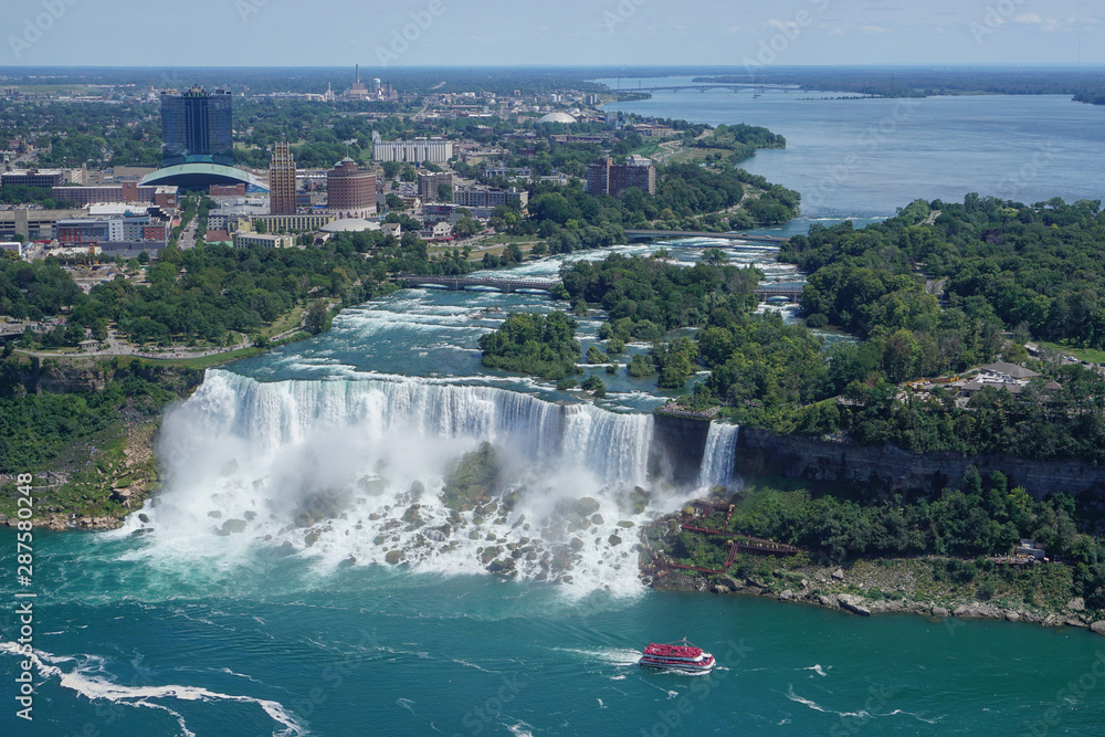 Niagara Falls, New York, USA: Aerial view of the American and Bridal Veil Falls, Goat Island, the Niagara River, and the city of Niagara Falls. Niagara Falls, New York, USA: Aerial view of the American and Bridal Veil Falls, Goat Island, the Niagara River, and the city of Niagara Falls.