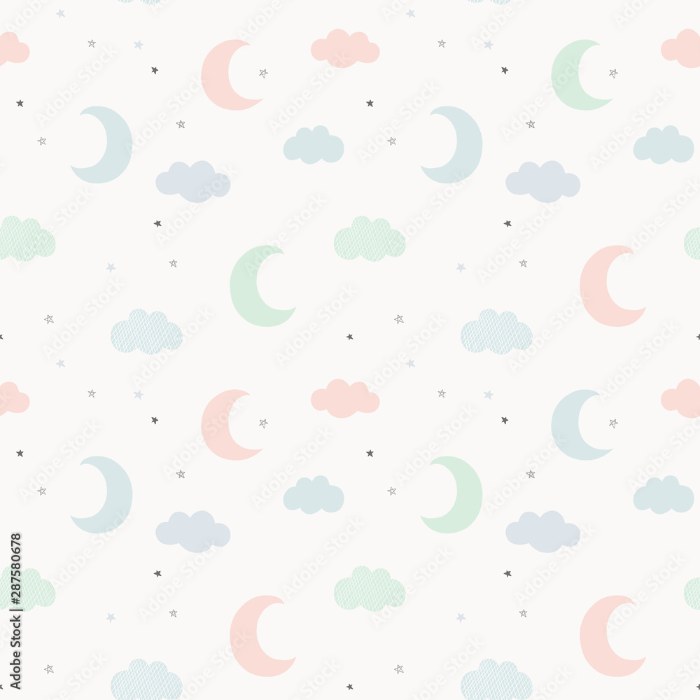 Fototapeta premium Night sky vector pattern with hand drawn stars, clouds and moon. Cute seamless baby background in delicate pastel colors.