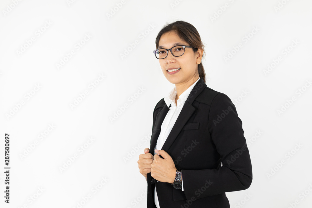 Asian women wearing glasses in a black suit on a white background. Asian women wearing glasses in a black suit on a white background.