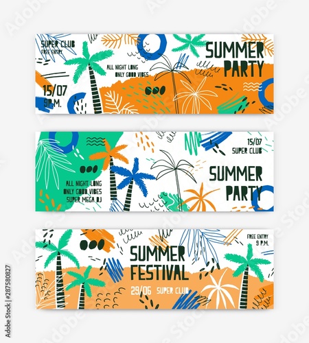 Summer festival vector banner templates set. Open air party invitation decorated with palm trees and tropical beach. Music fest tickets collection. Seasonal outdoor dance party, concert posters design