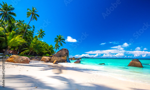 Fotografie, Obraz Typical beach in Seychelles with granite rocks