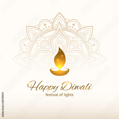 Happy diwali vector illustration. Design template with light festive golden background. Festive diwali card. White background with mandala. Vector holiday illustration