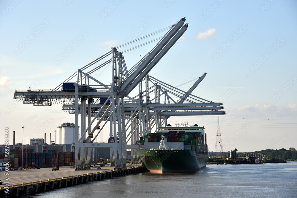 View on the port of Savannah, container vessel during cargo operations. 