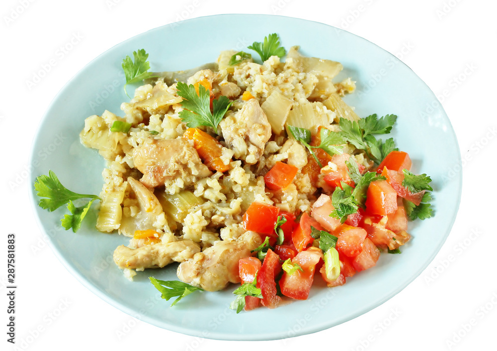 keto recipe. chicken pilaf and cauliflower rice. low carbohydrates, lots of protein. protein nutrition. stewed with celery and carrots. isolated photo plate keto recipe. chicken pilaf and cauliflower rice. low carbohydrates, lots of protein. protein nutrition. stewed with celery and carrots. isolated photo plate