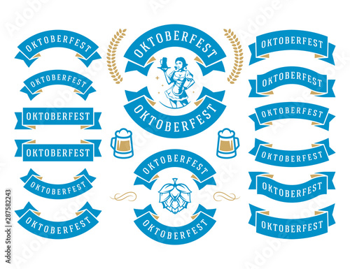 Oktoberfest celebration beer festival ribbons and objects set vector illustration