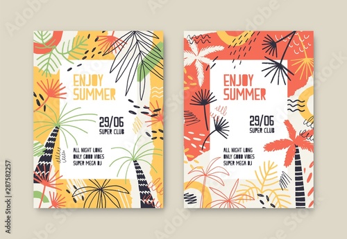 Enjoy summer party vector poster templates set. Open air festival invitation decorated with palm trees and tropical exotic leaves. Music fest tickets collection. Dance party, dj concert placard design