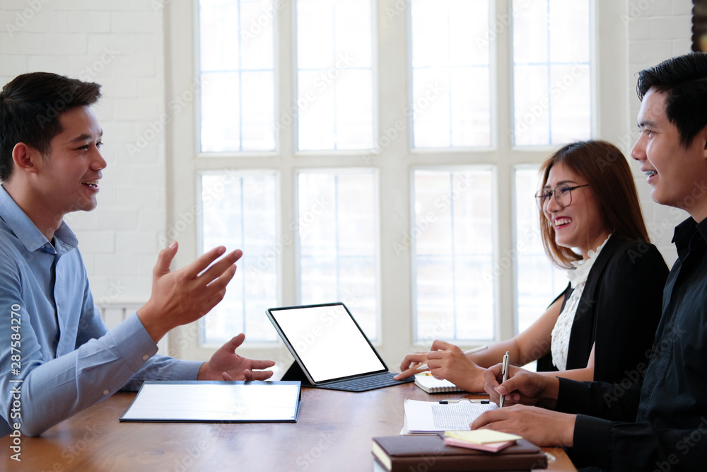 human resource team interviewing candidate for job vacancy. applicant explaining profile for career recruitment human resource team interviewing candidate for job vacancy. applicant explaining profile for career recruitment