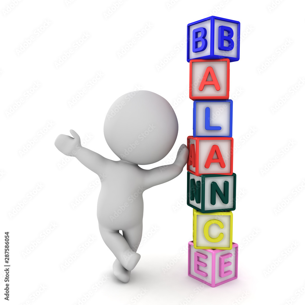 3D Character leaning on stack of letters block spelling Balance 3D Character leaning on stack of letters block spelling Balance