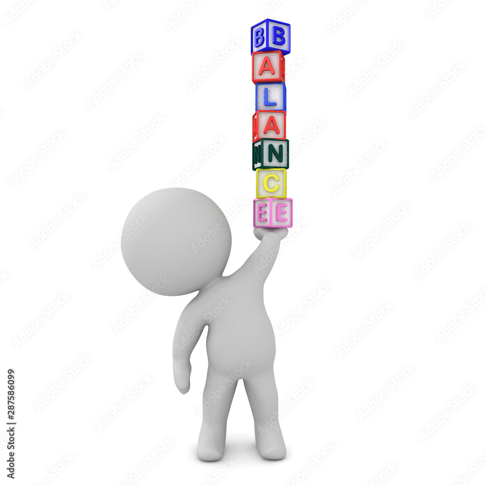 3D Character holding up a stack of letters saying balance 3D Character holding up a stack of letters saying balance
