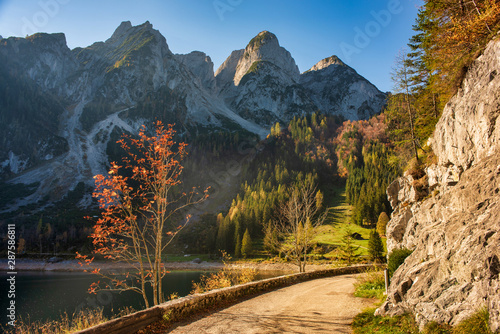 Idyllic colorful autumn scenery with Donnerkogel mountain range and Gosausee mountain lake, Upper Austria