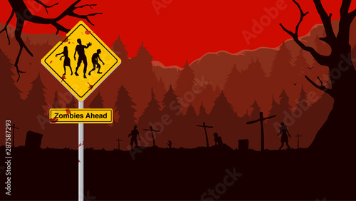 Zombie ahead symbol sign for warning about danger area front side because zombies rising from graves. Illustration about fantasy background in red theme.