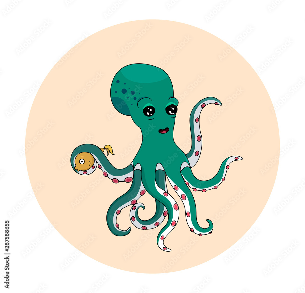 Cute green octopus holding a fish. Hand drawing. Cute green octopus holding a fish. Hand drawing.