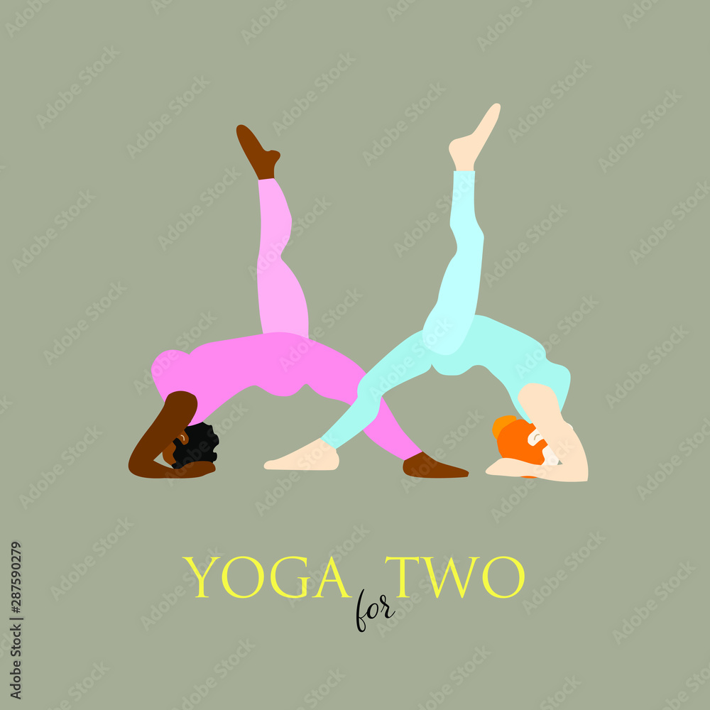 Two young happy woman in Yoga pose on grey background. Relax and meditate. Black and white girls. Healthy lifestyle. Balance training.Women silhouettes. Collection of yoga poses. Vector illustration.