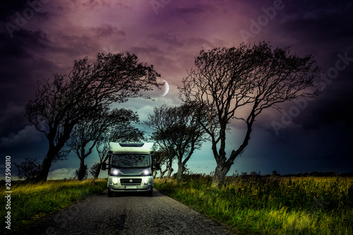 Wohnmobil in einer Baumallee