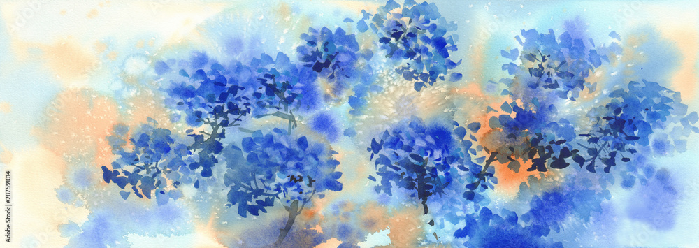 a bouquet of blue flowers, hydrangeas watercolor illustration. Autumn flowers - obrazy, fototapety, plakaty 