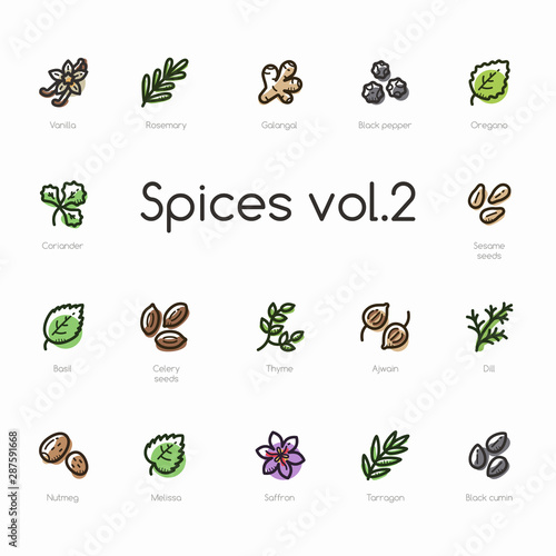 Set of spices line icons isolated on light background. Contains such icons as vanilla, thyme, black pepper, saffron, oregano and more.