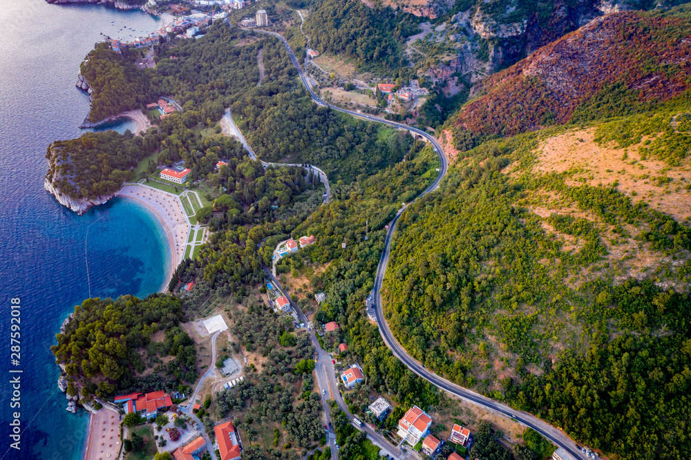 aerial view on the Adriatic coast in Montenegro. View of the road, houses and beaches