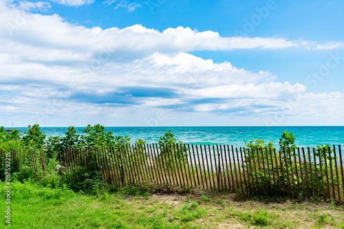 Lake Michigan Shoreline with Fence in Evanston Illinois during the Summer