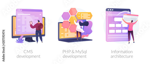 Content management system. Software engineering, database programming. CMS development, PHP & MySql development, information architecture metaphors. Vector isolated concept metaphor illustrations.
