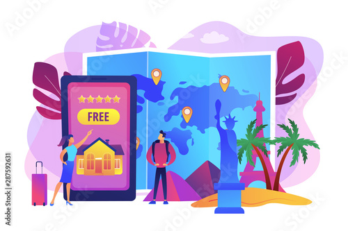 Tourist agency mobile app. Worldwide sightseeing tours. Hospitality and travel clubs, join travelers community, free homestay arrangement concept. Bright vibrant violet vector isolated illustration