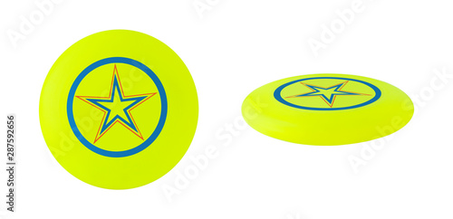 Top and side view of yellow flying disc isolated on white background photo