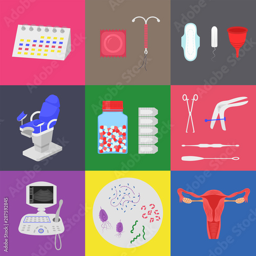 Set of color flat gynecology icons. Vector illustration of medical equipment, contraceptives, gynecological tools, etc.
