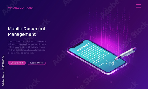 Mobile document manager or e-signature business concept vector isometric illustration. Online signing of contract on digital smartphone screen and stylus pen, purple horizontal banner, landing webpage