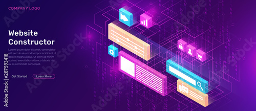 Website constructor isometric concept vector illustration. Software landing page template for creating customize website design, interface with 3D icons on ultraviolet background