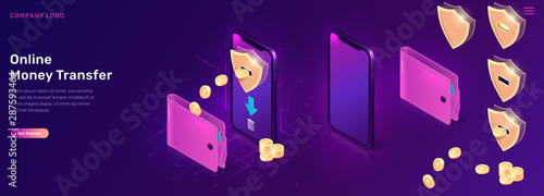 Online money transfer or cash back isometric concept vector illustration. Mobile phone with shield and gold coins flying out of its screen into wallet, ultraviolet web banner, landing web page