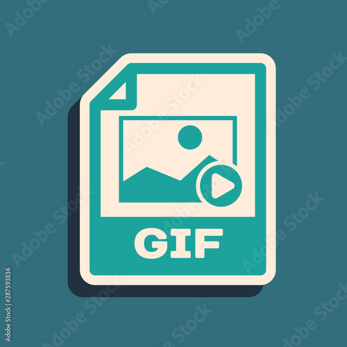 Green GIF file document. Download gif button icon isolated on blue background. GIF file symbol. Long shadow style. Vector Illustration