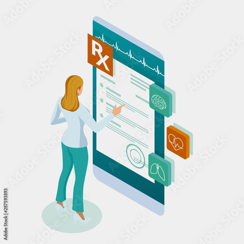 Isometric online doctor consultation, healthcare, medical concept. Online treatment recipe.