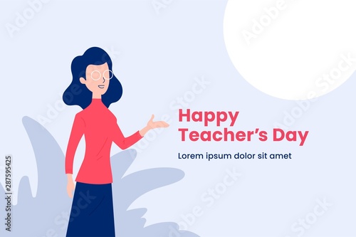Happy teacher's day simple background poster. Teacher with explain gesture hand vector illustration. modern simple flat graphic design