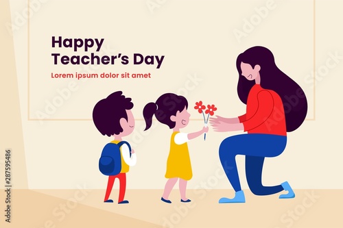 Kid student giving flower to her teacher flat illustration for happy teacher's day background poster concept graphic design.