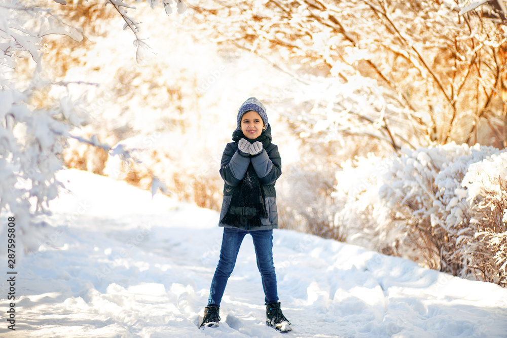 Winter portrait of a child in a beautiful snowy winter park