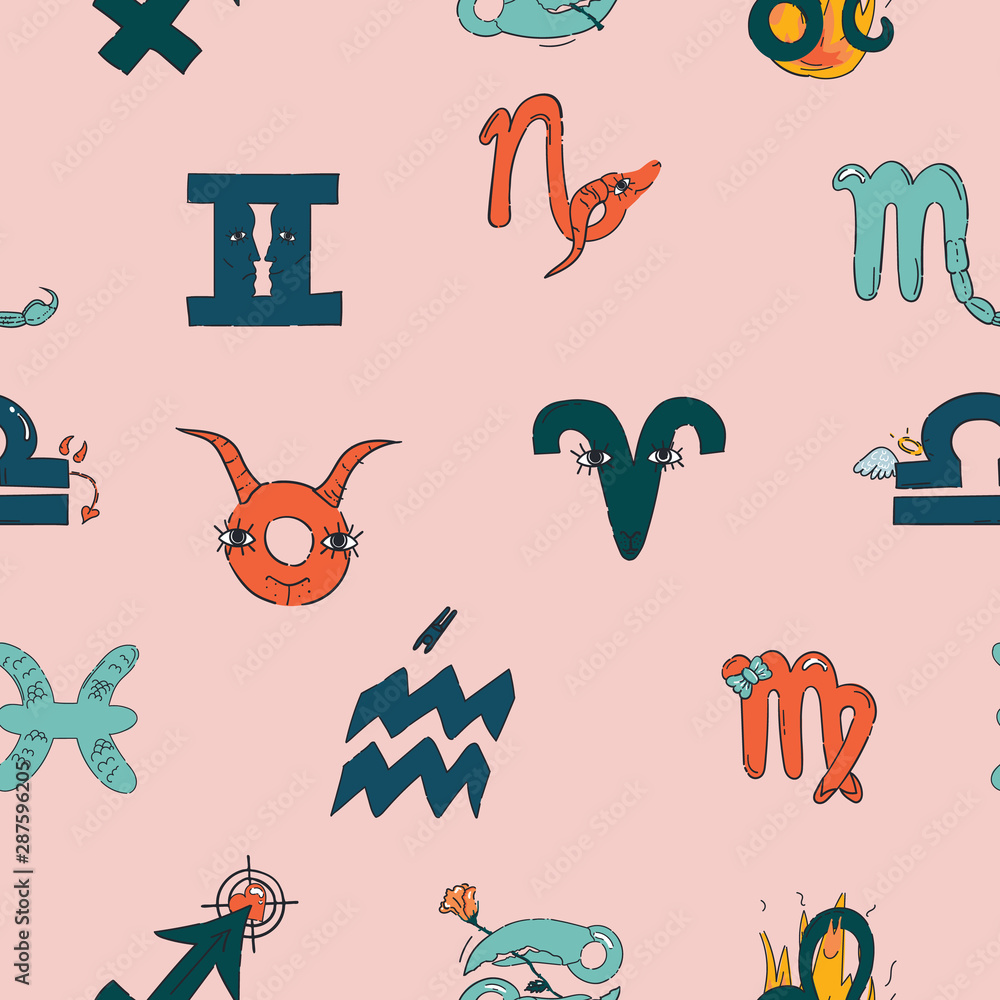 Naklejka Horoscope hand drawn seamless pattern for wrapping paper, coverage, fabric and other print. Fun and trendy doodle style vector illustration.