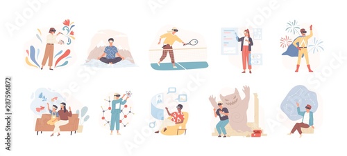 Fototapeta Naklejka Na Ścianę i Meble -  People wearing virtual glasses flat vector illustrations set. Youth having fun, playing tennis, drawing, meditating in VR headset isolated cartoon characters on white background. Modern entertainment.