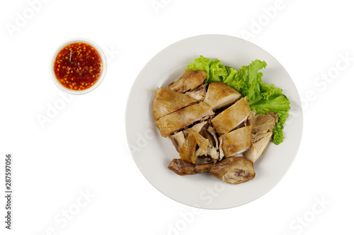 Boiled chicken with fish sauce isolated on white background