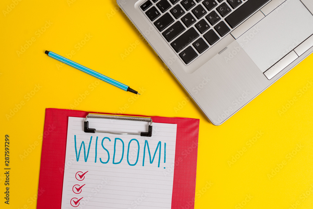 Writing note showing Wisdom. Business concept for quality having experience knowledge and good judgement something Trendy metallic laptop clipboard paper sheet marker colored background Writing note showing Wisdom. Business concept for quality having experience knowledge and good judgement something Trendy metallic laptop clipboard paper sheet marker colored background